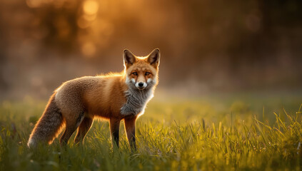 Fototapeta premium Red fox standing in golden meadow at sunset with soft backlight and calm expression