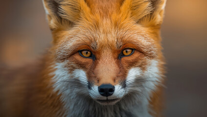 Fototapeta premium Red fox close up portrait with amber eyes and detailed fur texture, intense gaze