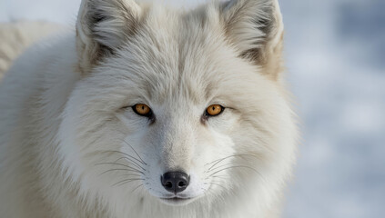 Fototapeta premium Arctic fox close up white fur amber eyes portrait calm gaze winter landscape