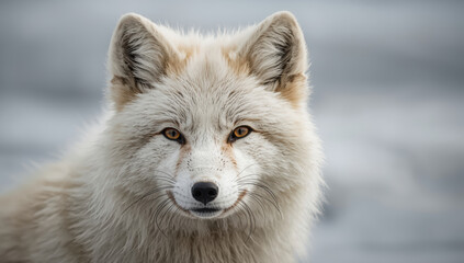 Fototapeta premium White Arctic fox portrait with intense amber eyes in soft winter light