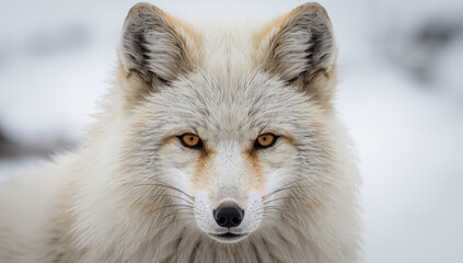 Fototapeta premium Arctic fox portrait with amber eyes in snowy landscape, detailed fur texture and calm gaze