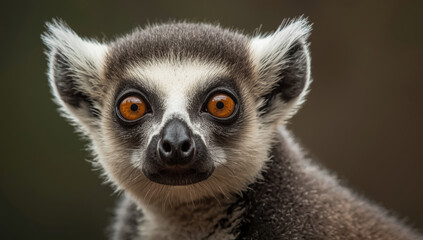 Fototapeta premium Ring tailed lemur close up portrait with intense orange eyes and soft fur
