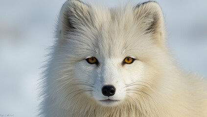 Fototapeta premium Arctic fox close up portrait with golden eyes and thick white winter fur, calm expression