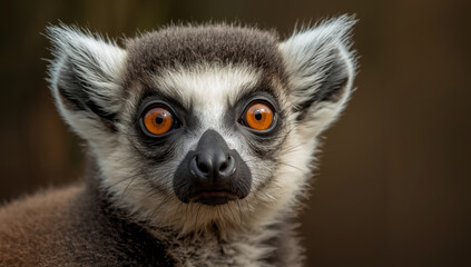 Fototapeta premium Ring tailed lemur close up portrait with intense orange eyes and soft fur