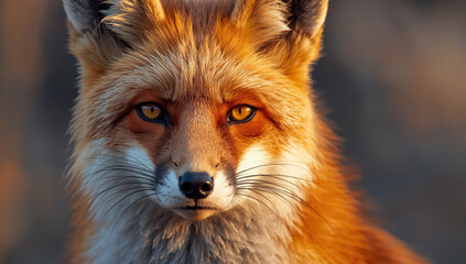 Fototapeta premium Red fox close up portrait with golden fur and intense amber eyes, warm evening light