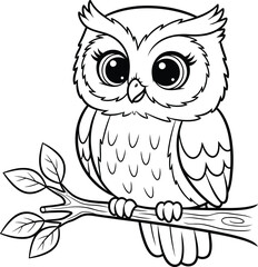 Fototapeta premium A cartoon owl perched on a branch with leaves