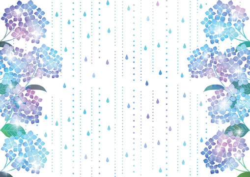 虹色あじさいフレームイラスト、かわいい、梅雨、6月、和風、背景、横