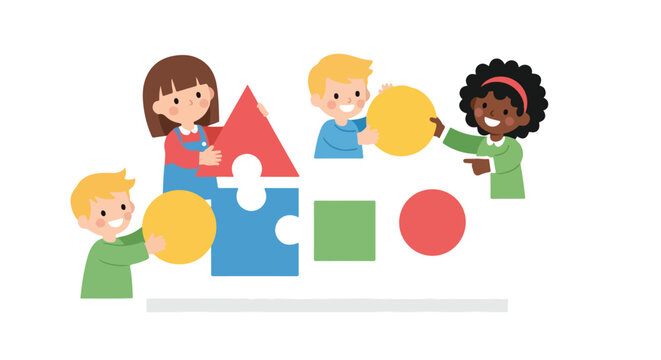 Four diverse children are happily playing together, collaborating to assemble various large, colorful geometric shapes and puzzle pieces.
