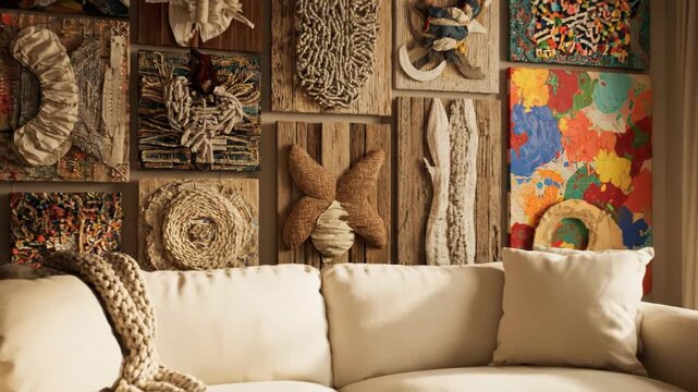 Eclectic Collection of Textured Wall Art Displayed Above Neutral Sofa in Modern Interior Living Space Design