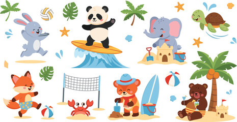 Obraz premium Cute summer beach animals illustration set with panda surfing bunny elephant turtle fox bear and tropical vacation scenes collection