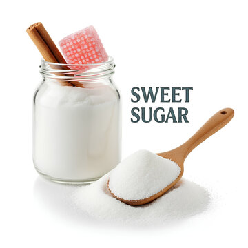 Sweet Sugar in Jar and Spoon with Cinnamon Stick.