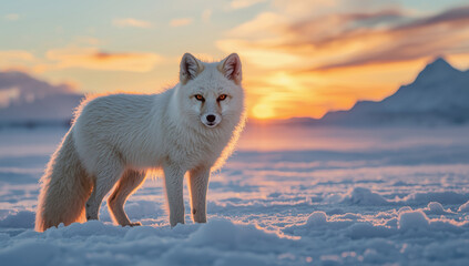 Fototapeta premium Arctic fox in snowy landscape at sunset showing calm expression