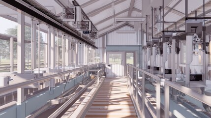 Fototapeta premium Modern Dairy Farm Interior with Milking Equipment and Bright Natural Lighting in a Clean Environment
