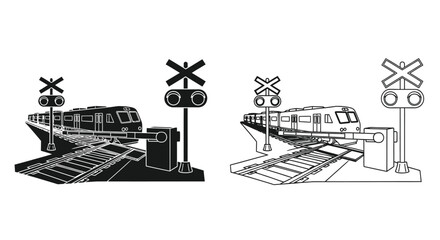 Train passing railroad crossing signs a striking black and white silhouette © Mdarif