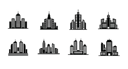 Eight black and white cityscape icons presented as a striking silhouette © Mdarif