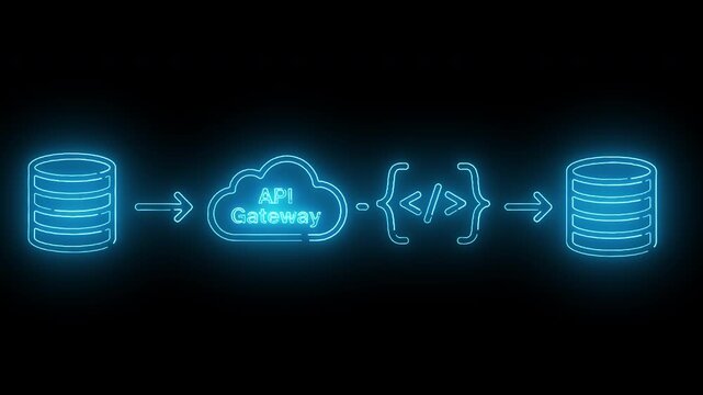 Neon-lit illustration of API Gateway connecting two databases with glowing blue lines and symbols on a black background.