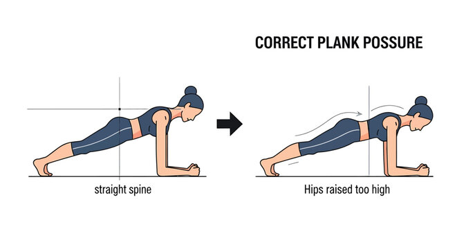 Correct and incorrect plank posture for fitness guide
