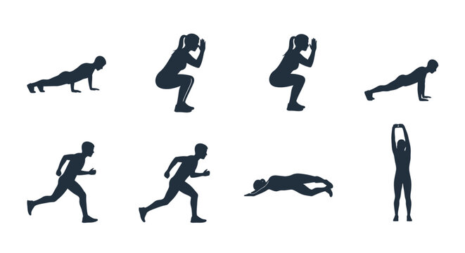 Fitness silhouettes set with people doing various exercises
