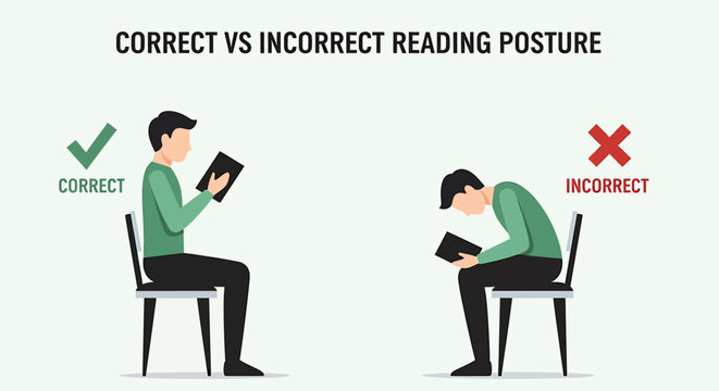 Man showing correct vs incorrect posture while reading
