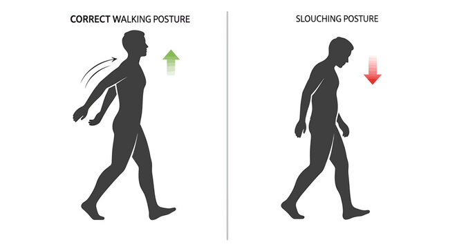 Male silhouette showing correct and incorrect walking posture

