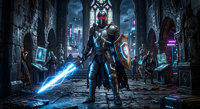 중세 미래주의: 기사 갑옷을 입고 레이저 검을 든 모습(Future Medieval)