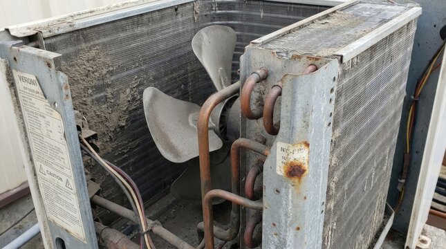 Ceiling cassette air conditioning with ventilation parts concept. Close-up of an old, rusty air conditioning unit for inspection.