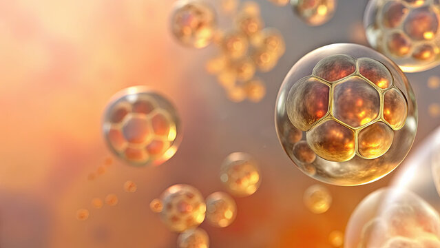 Gold molecule with peptide collagen background concept. Close-up of cell structures in a glowing environment.