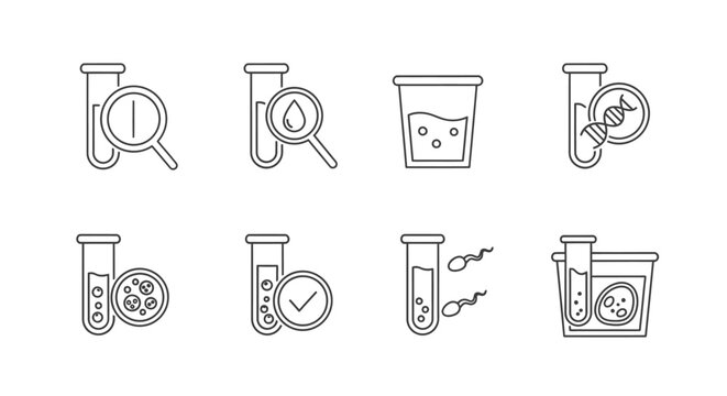 laboratory testing line icons set illustrating medical diagnostics blood dna fertility analysis and scientific research.