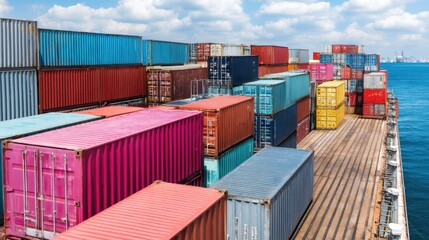 Fototapeta premium Cargo ship loaded with colorful shipping containers at port aerial view in bright sunny environment