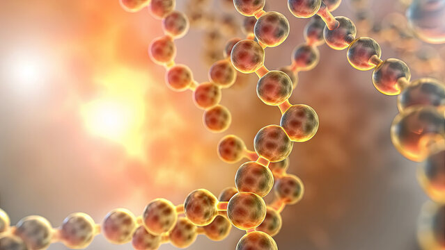 Gold molecule with peptide collagen background concept. Close-up view of molecular structures and chemical bonds.