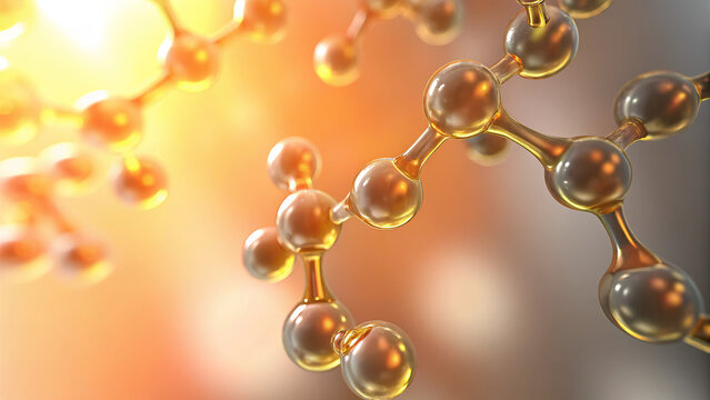 Gold molecule with peptide collagen background concept. Close-up view of molecular structures with glowing atoms.