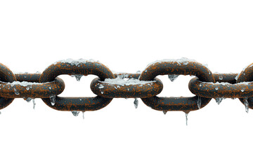 Fototapeta premium Rusty iron chain links covered with ice and freshly fallen snow, creating a cold winter texture. Transparent background
