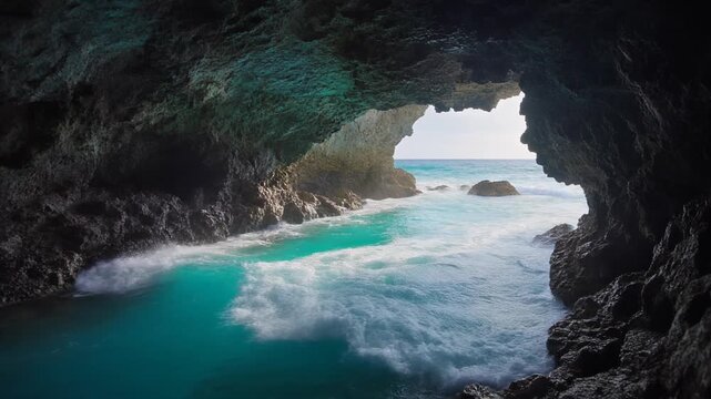 Waves Crashing inside a Sea Cave with Turquoise Ocean View Generative AI