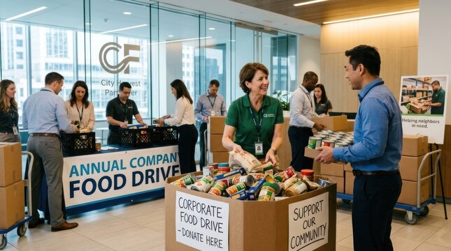 People working in a food drive, with a City Food Bank sign in the background.