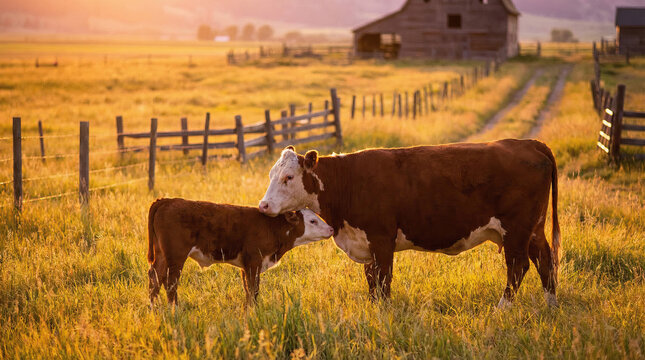 Hereford cow and calf nuzzle affectionately in a golden field at sunset