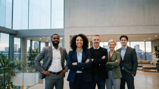 A group of five business professionals standing in a modern office lobby.