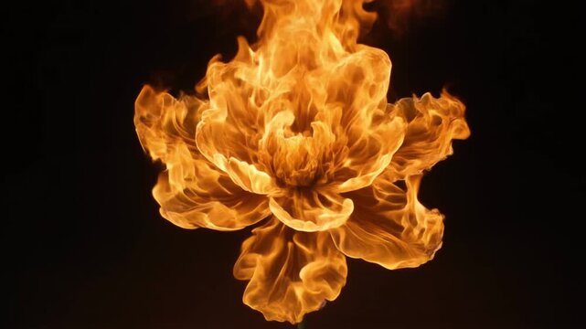 Flames erupt in a dynamic explosion of fire and heat on a dark background