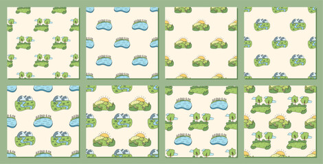 Seamless camp pattern with map, river, tree and mountain elements in doodle style set. Hand drawn forest and lake set in soft color for outdoor nature themes, travel backgrounds or adventure © moonnoon