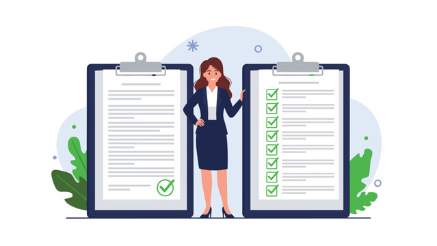 Professional businesswoman comparing two large clipboards with an empty checklist and a completed one with green marks.