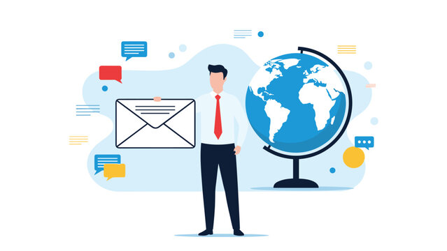 Businessman holding a large white envelope next to a world globe representing international mail and global communication.