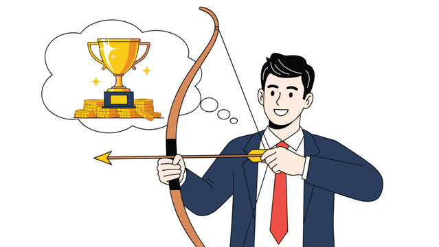 Businessman aiming a bow and arrow at a thought bubble containing a gold trophy and coins for setting high career goals.