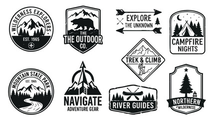 Fototapeta premium Set of outdoor-themed badges featuring mountains, camping, and adventure activities in classic black and white style