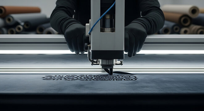 a precision cnc cutting machine with a gloved operator intricately cutting a pattern on dark textile highlighting modern manufacturing.