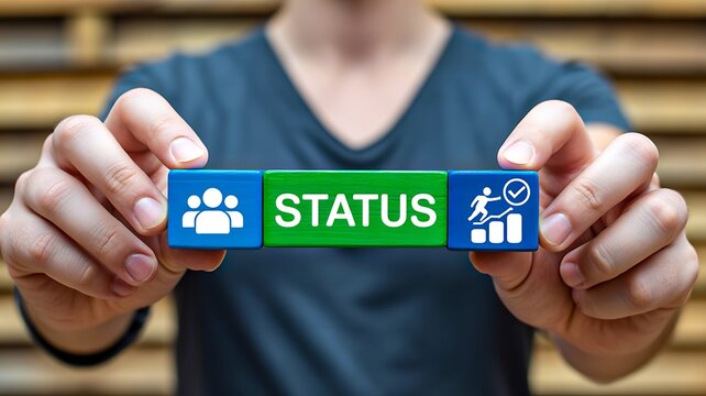 Status concept with hands holding icons communication and business progress update idea