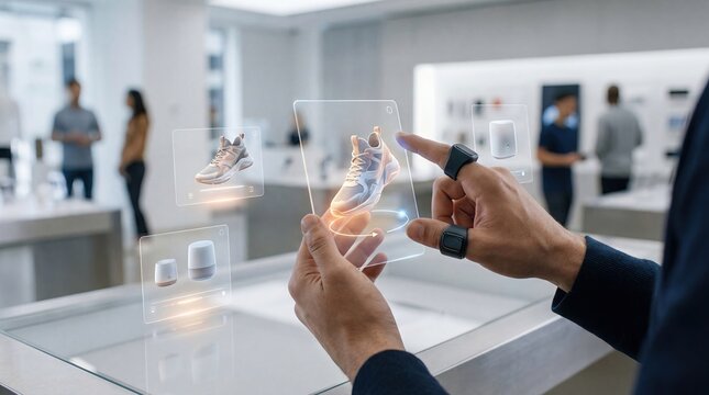 Close up of male customer using futuristic augmented reality interface and smart ring to examine virtual holographic shoes in retail store,innovative shopping experience tech.