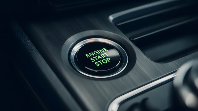 Modern car engine start stop button with glowing green text in a dark vehicle interior showcasing advanced technology