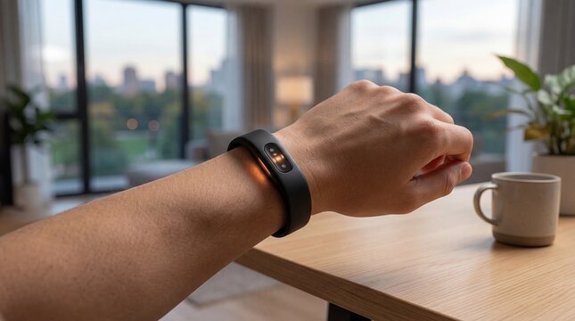 Close up of male arm wearing sleek black smart fitness tracker wristband with glowing sensor lights,modern apartment interior with beautiful city view,health monitoring tech.