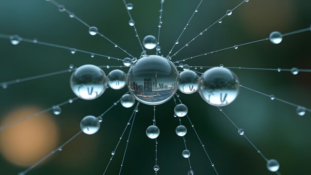 Central Network Node Connecting Multiple Spheres With Glowing Digital Lines In Dark Background