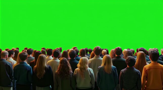 A large audience of diverse people standing together and looking forward at a bright green screen, ready for custom content insertion.