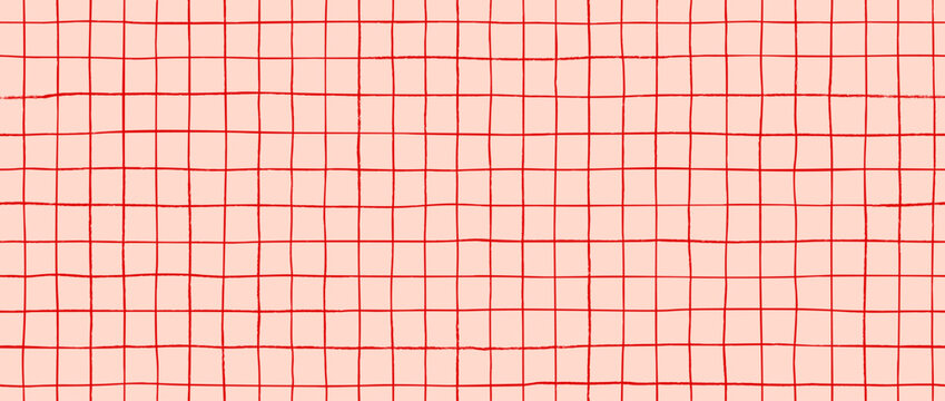 Seamless hand drawn square grid pattern. Pink red repeated doodled checkered background. Sketched thin checker paper texture. Pencil drawn journal sheet notebook template. Vector lined planer page